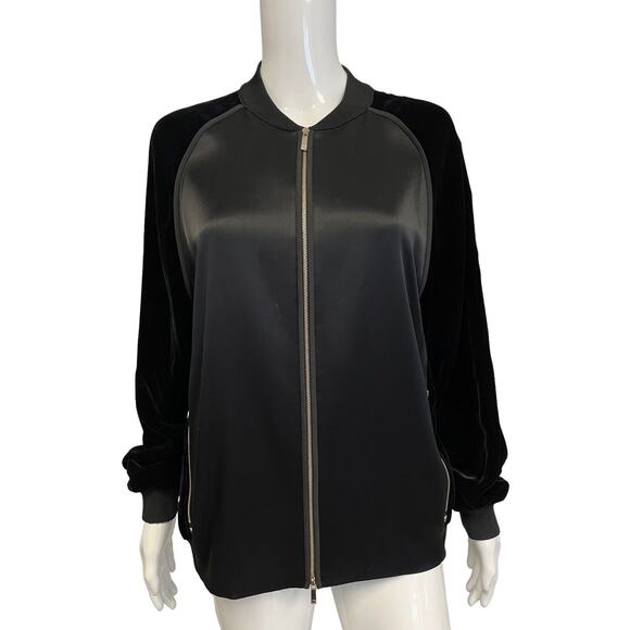 Lafayette 148 New York Jackets & Blazers - LAFAYETTE 148 Black Velvet Trimmed Brea Satin Sweater Bomber Jacket Size M